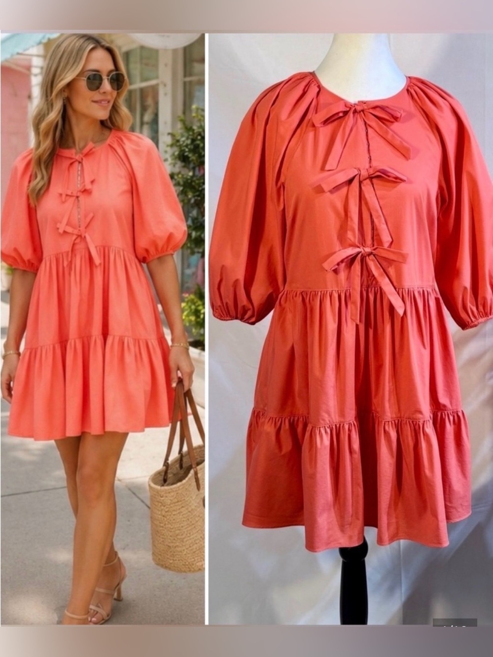Cinq a Sept Lynn Tie Front Puff Sleeve Babydoll Mini Dress Neon Coral Size 4 NWT - Picture 1 of 6